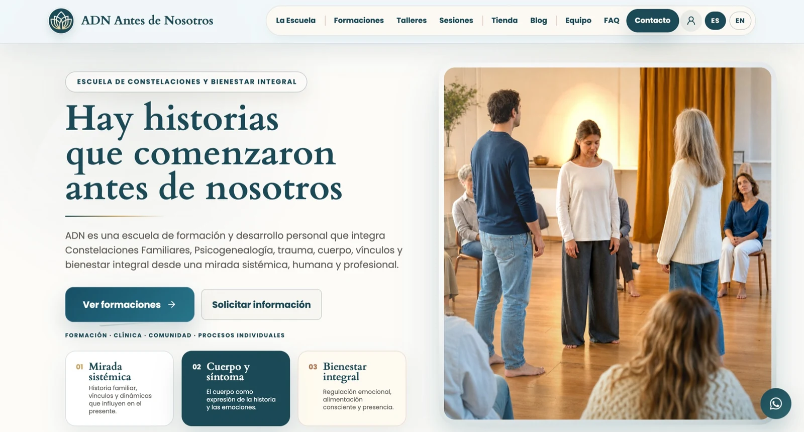 Inicio de ADN Antes de Nosotros con el texto Hay historias que comenzaron antes de nosotros y una fotografía de un encuentro grupal