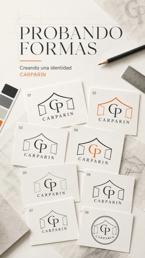 Exploración de logotipos de Carparin sobre tarjetas bajo el título Probando formas