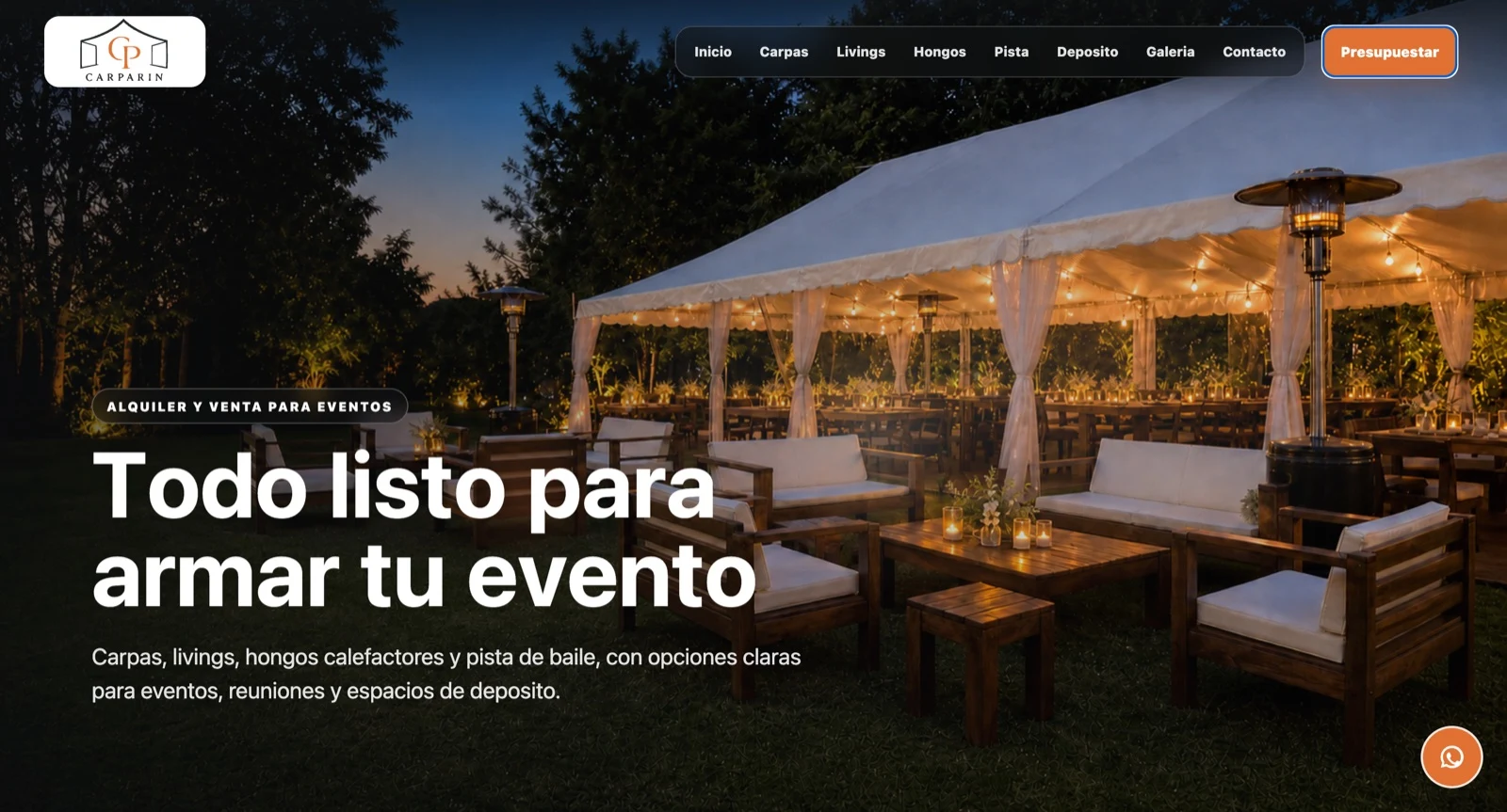 Inicio de Carparin con una carpa iluminada para eventos y el texto Todo listo para armar tu evento