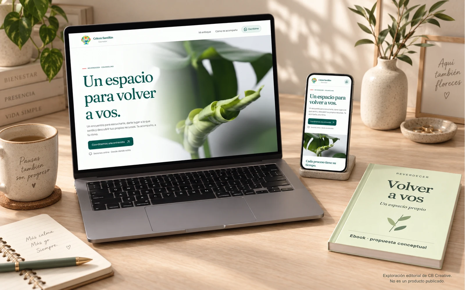 Composición de la web de Celeste Santillán en computadora y celular sobre un escritorio, acompañada por una propuesta conceptual de ebook no publicado