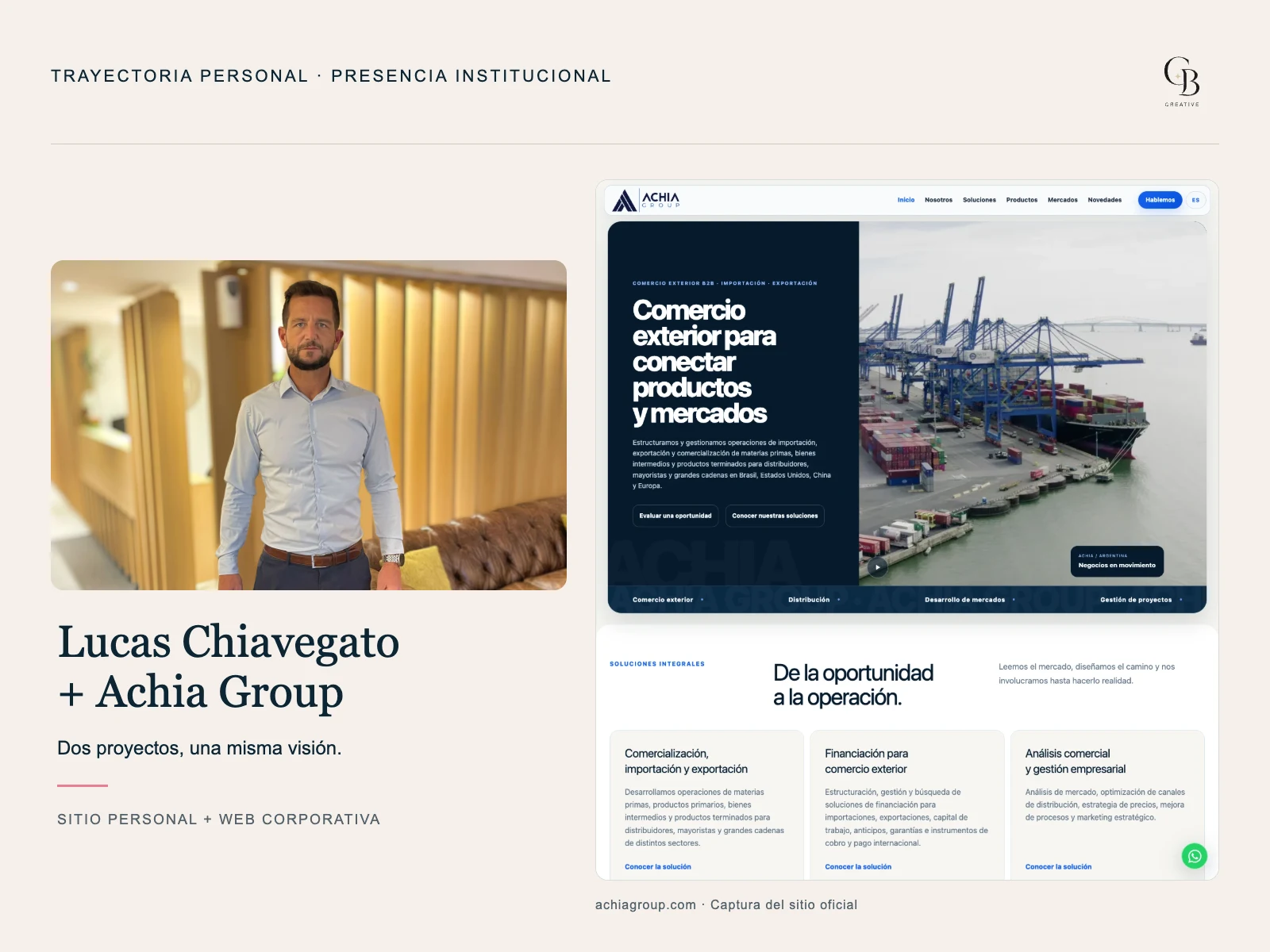Lucas Chiavegato junto a la web corporativa de Achia Group diseñada por CB Creative