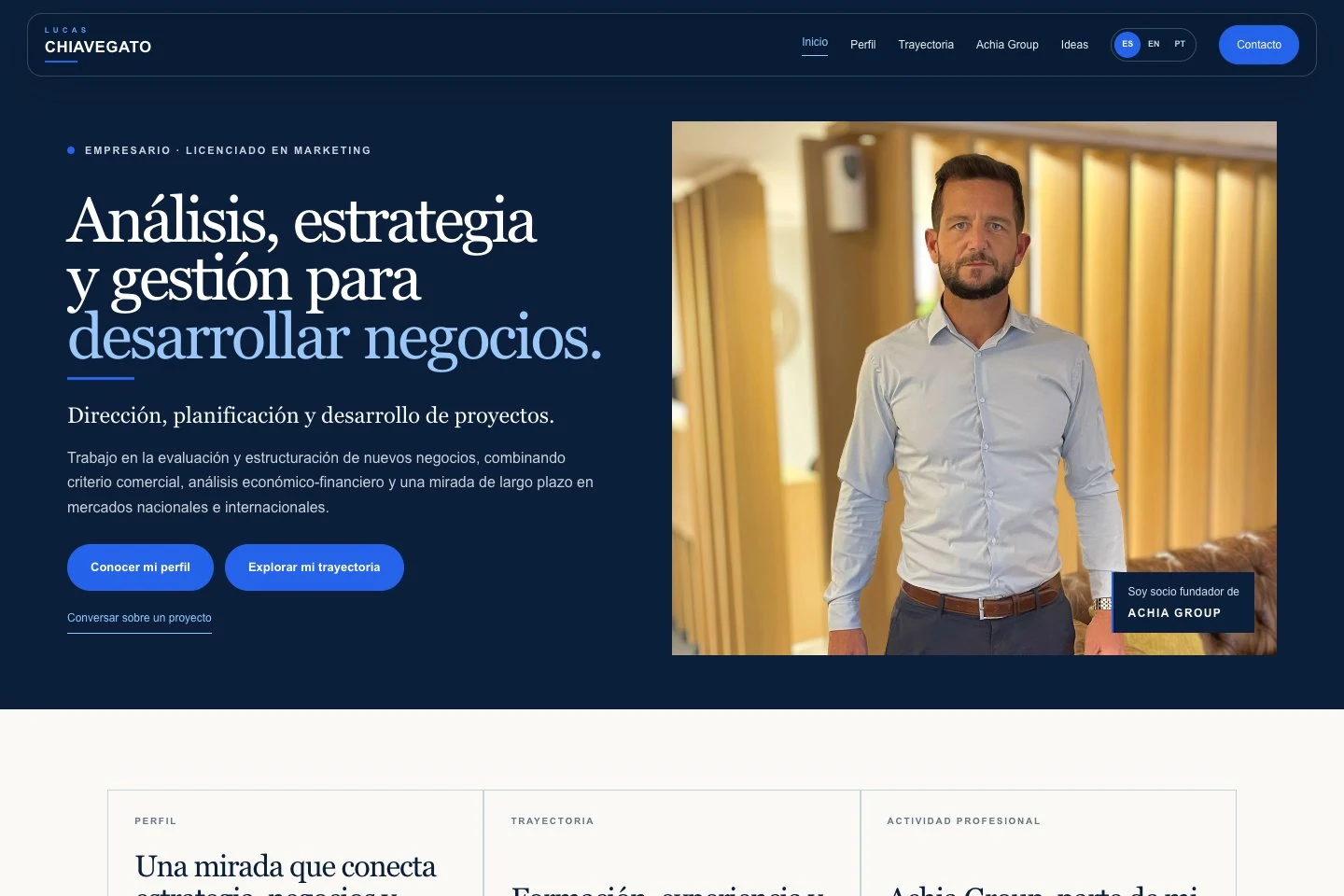 Diseño web multidioma para Lucas Chiavegato en el portfolio de CB Creative