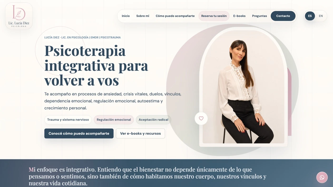 Inicio de Lucía Diez con su retrato y el texto Psicoterapia integrativa para volver a vos