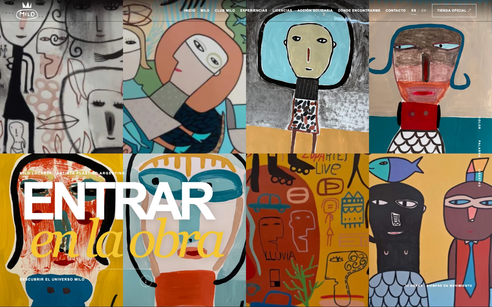 Avance de la portada de Milo Lockett con la frase Entrar en la obra y navegación hacia las áreas del artista