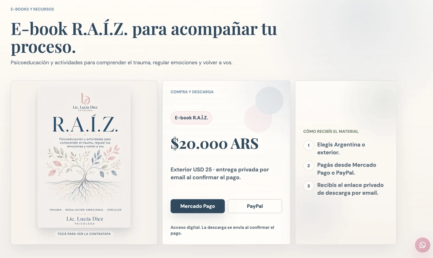 Página del ebook R.A.Í.Z. de Lucía Diez con su portada ilustrada y opciones de compra