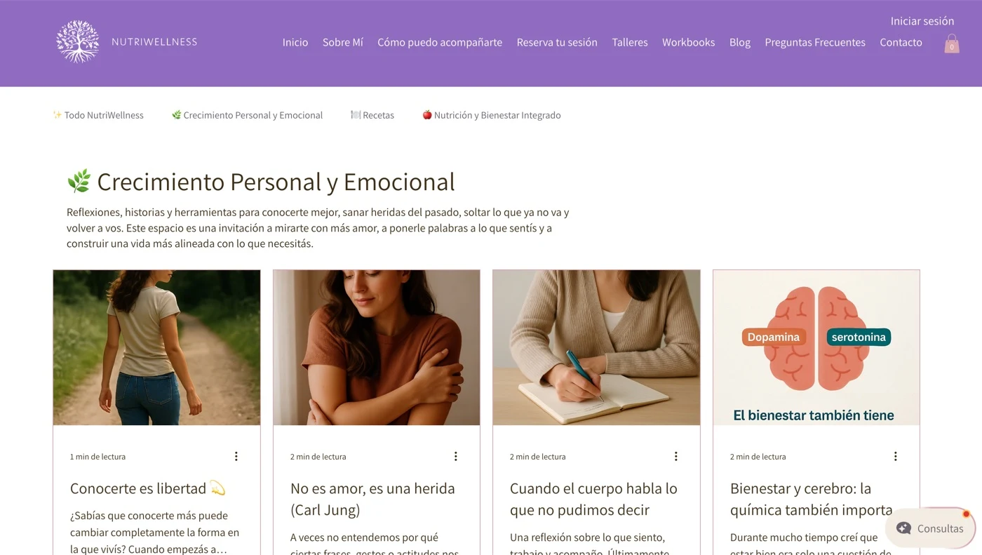 Blog de Nutriwellness con artículos de crecimiento personal y emocional organizados en tarjetas