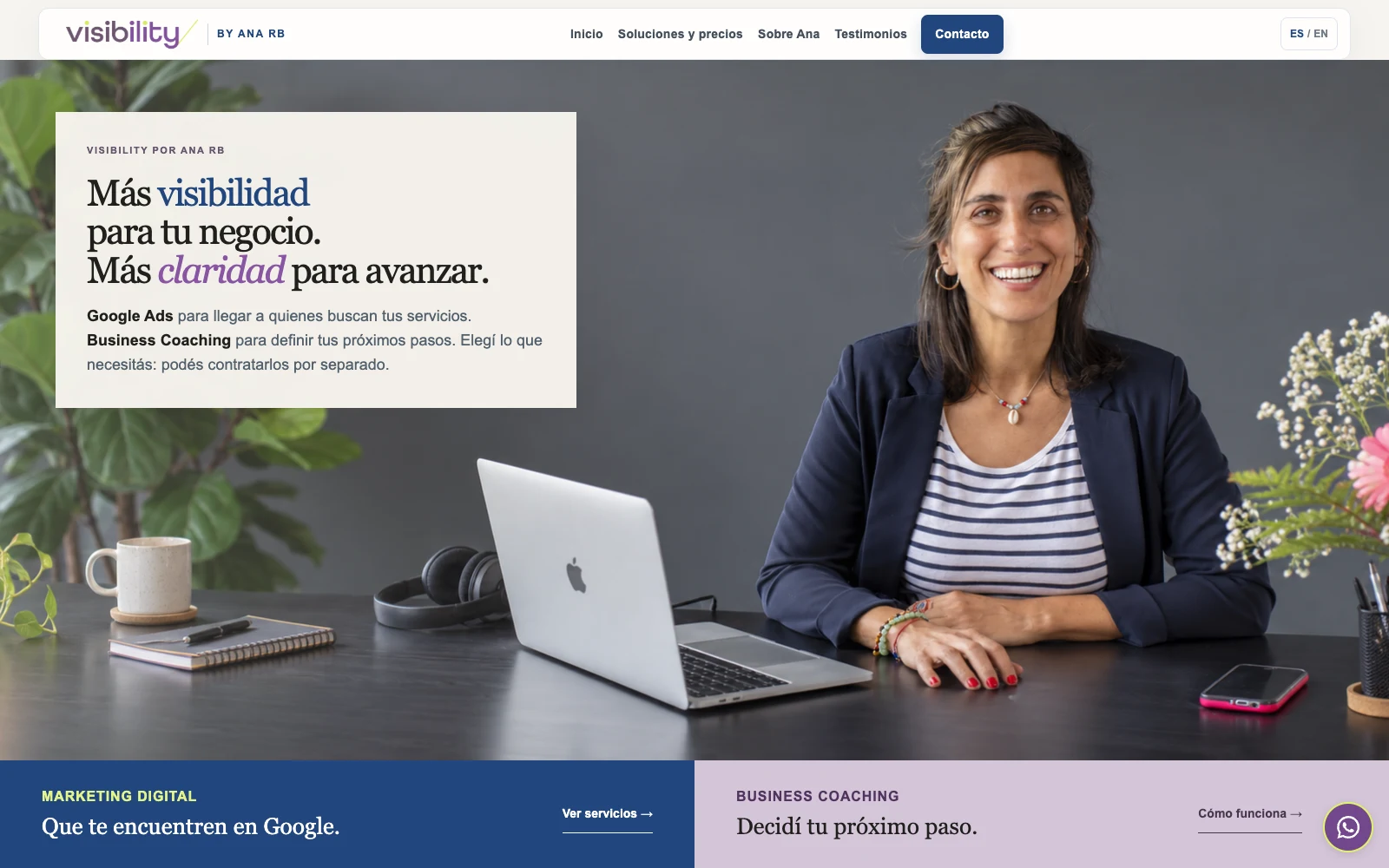 Portada de Visibility por Ana RB con su fotografía y las propuestas de marketing digital y Business Coaching